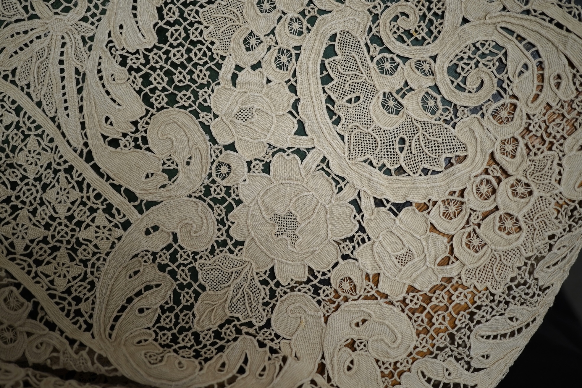 A 20th century lace bedcover, in Burano style lace. 276cm x 172cm